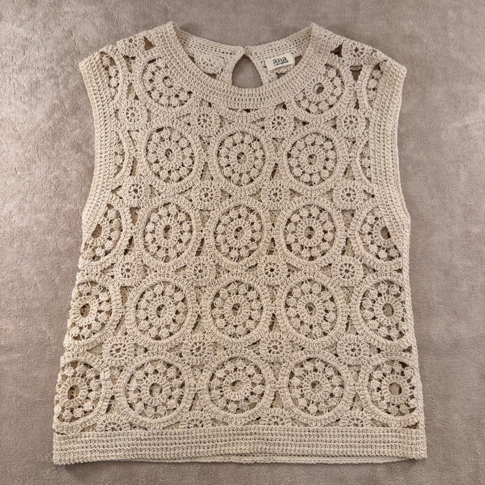Crochet Lace Floral Rosette Boho Cottagecore Heirloom Tank Coastal Top Cream S - Picture 2 of 8